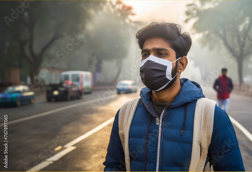 A man wearing mask due to air pollution in Delhi, India.	