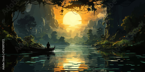 man climbing stone stairs in the mysterious forest, digital art style, illustration painting