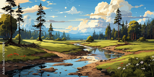 Vector landscape with a river among the forest vecto