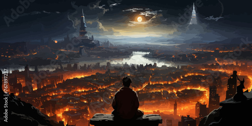 aerial view with the man sitting on edge of building looking at futuristic city,illustration painting