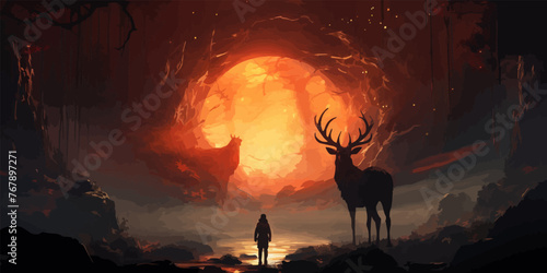the man with a magic lantern facing the giant deer in a mysterious valley, digital art style, illustration painting