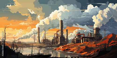 Vector illustration of a factory landscape with pipes and smoke. vector flat bright colors