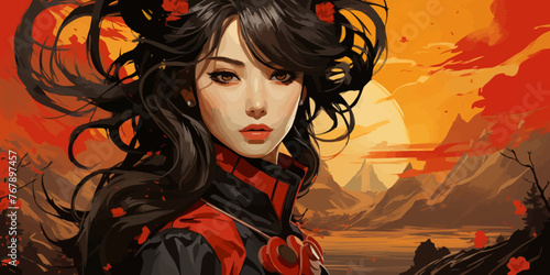 Portraits of a samurai devil girl. Retro anime style illustration vector flat bright colors