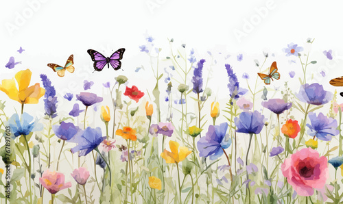 Watercolor floral seamless border Wildflowers: summer flower, blossom, poppies, chamomile, dandelions, cornflowers, lavender, violet, bluebell, clover, buttercup, butterfly © Coosh448