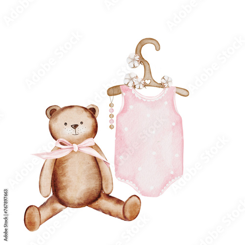 Baby shower watercolor illustration with bear and retro clothes. Cute teddy bear, pink bodysuit on a hanger with cotton flowers. Delicate clip art isolated on white background. For the design of