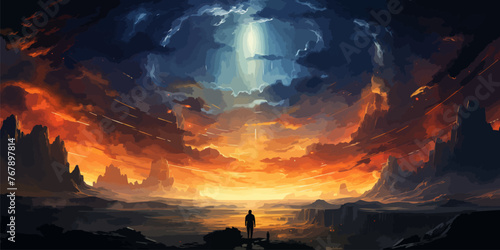 The man looking at a strange rainbow light rise in front of him., digital art style, illustration painting