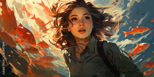 young woman diving with a school of fish in the sea, digital art style, illustration painting