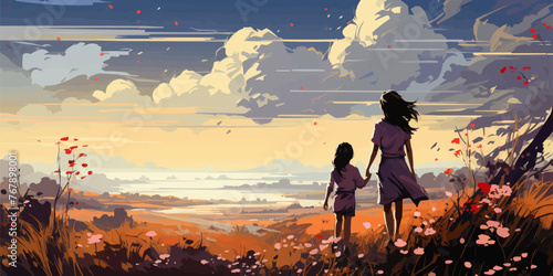 A woman and a child are walking through a field of flowers