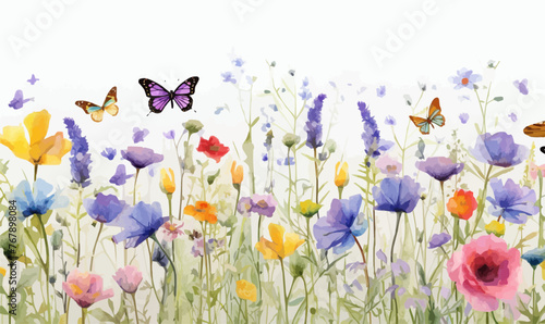 Watercolor floral seamless border Wildflowers: summer flower, blossom, poppies, chamomile, dandelions, cornflowers, lavender, violet, bluebell, clover, buttercup, butterfly.