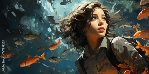 young woman diving with a school of fish in the sea, digital art style, illustration painting