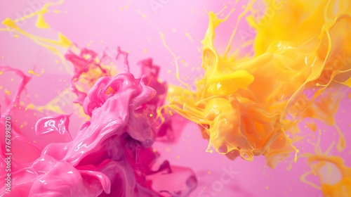 Bright pink and yellow paint splashes collide on a vibrant background.