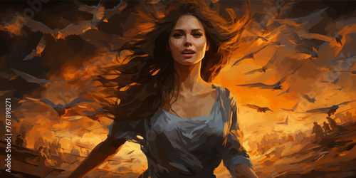 woman running among the fire birds, digital art style, illustration painting -