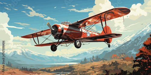 vector illustration of the clouds image with a biplane flying in the blue sky vector -
