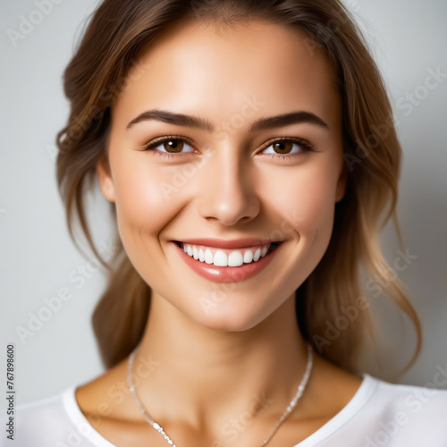 A woman with a beautiful smile and a silver necklace. She is wearing a white shirt. Concept of happiness and positivity