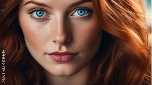 A woman with blue eyes and red hair. She has a red nose and lips