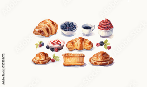 Watercolor pastries clipart croissant bagel bread cupcake pie cafe tea berries vector -