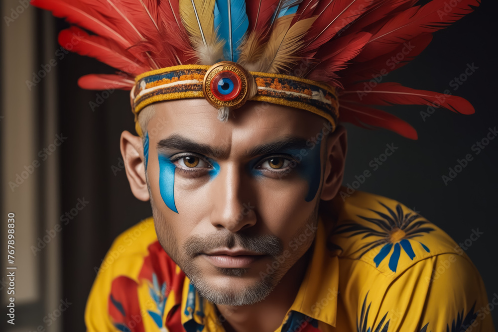 A man wearing a red, blue, and yellow headdress and face paint