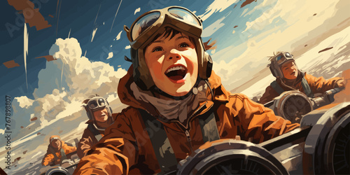 the boy flying in the sky with the planes, digital art style, illustration paintin