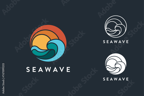 Set modern abstract flat colorful sea wave logo icon vector template on dark background
