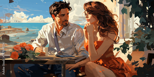 anime style of the office man casually relaxing at the harbor and steal a glance to the lady that sitting and having meal vector flat bright colors