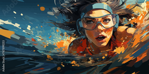 female swimming athlete is diving underwater in the swimming pool with the determination eyes vector flat bright colors