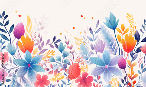 Seamless floral border with colorful abstract flowers and leaves, spring background, banner, design element for greeting cards, invitations. Vector illustration