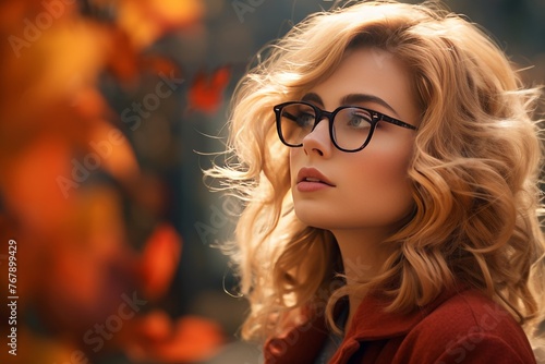 Attractive blonde hair woman wearing glasses against fall autumn ambience background, autumn scene, orange leaves