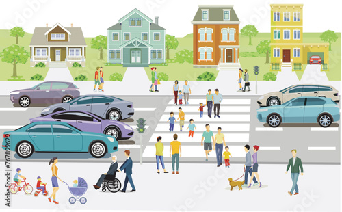 Stadtsilhouette in einer Stadt und Menschen auf dem Bürgersteig, Illustration © scusi