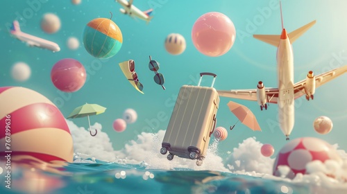 A Surreal Journey Begins Luggage and Summer Travel Essentials Floating Against a Backdrop of an Ascending Airplane