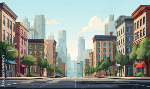 City street with set of buildings vector illustration - photo