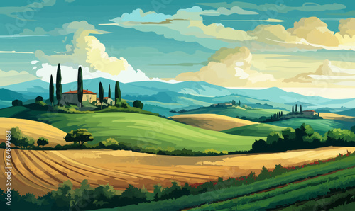Landscape in Tuscany illustration, Italian landscapes, panoramic countryside farmland vector illustration