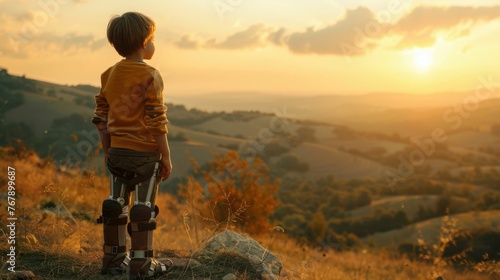 A young child with advanced bionic legs standing atop a hill, overlooking a valley, symbolizing achievement, ample copy space on the right