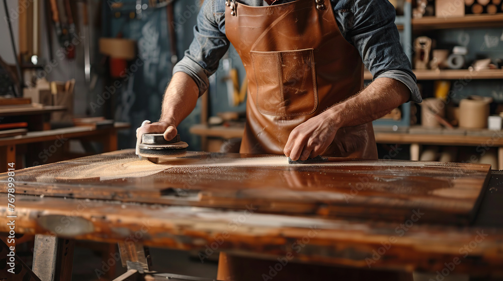 a man restores an antique table in the workshop, he grinds the countertop a man restores an antique table in the workshop, he grinds the countertop
