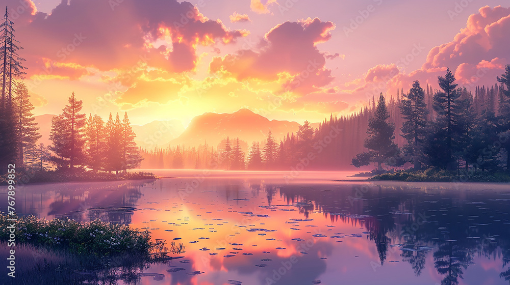 3d rendering of cartoon forest landscape Panorama of beautiful sunrise