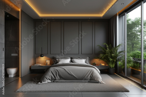 interior design of a modern bedroom in gray tones and subtle lighting