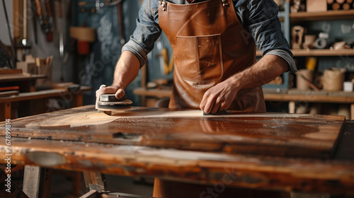 a man restores an antique table in the workshop, he grinds the countertop