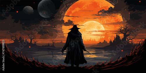 wizard of crows casting a spell in the mysterious field with solar eclipse, digital art style, illustration painting
