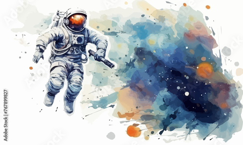 Watercolor astronaut flight in space, gravity picturesque card, poste