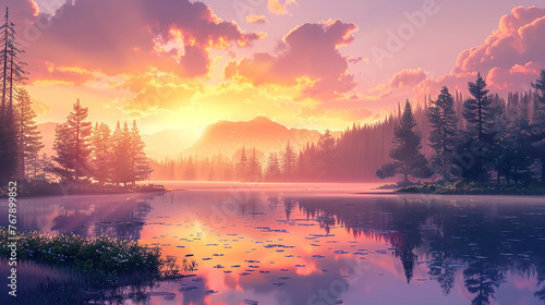 3d rendering of cartoon forest landscape Panorama of beautiful sunrise photo