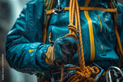 Cropped close-up of industrial alpinist adjusting climbing gear, preparing safety ropes. Industrial climber in protective outwear and gloves works in any, even the most severe weather conditions.