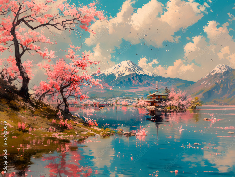 Spring in Japan, art illustration, sakura blossoms. AI generative