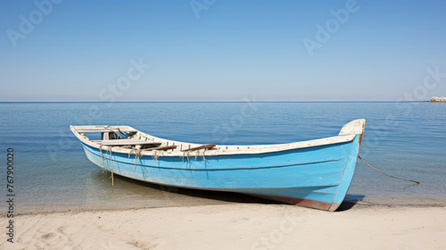 Retrospect old fishing boat on sandy seashore recalls peaceful coastal memories © Aliaksandra