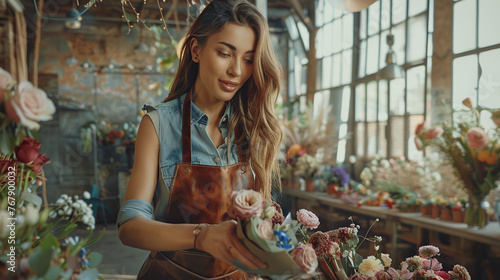 A beautiful young woman stands with a bouquet of roses in a flower shop. She's wearing a leather apron, a loft-style interior.