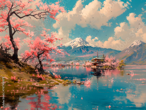 Spring in Japan, art illustration, sakura blossoms. AI generative © LN
