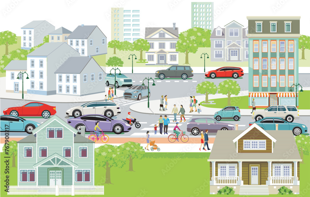 Stadtsilhouette mit Personen auf dem Zebrastreifen und Straßenverkehr, Illustration
