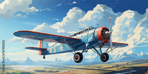 vector illustration of the cumulonimbus clouds image with a biplane flying in the blue sky