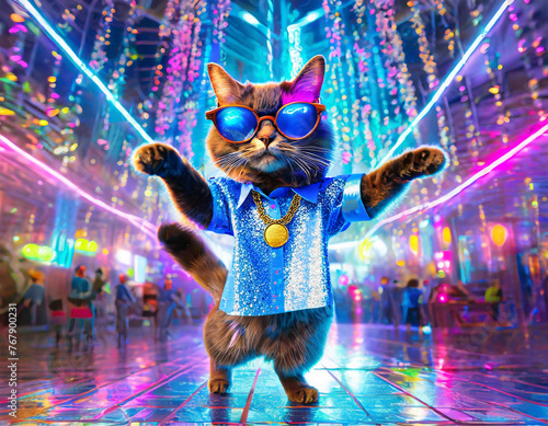 Um gato em pé sobre duas patas, humanizado, usando óculos, camisa e corrente no pescoço, em um ambiente muito colorido e iluminado.