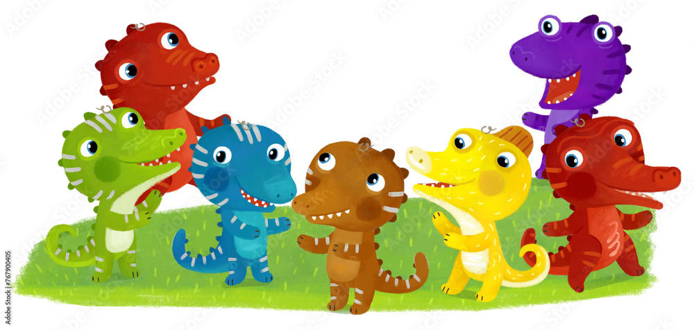 Naklejka premium cartoon scene with dino dinosaurs or dragons friends playing having fun childhood on white background with space for text illustration for children