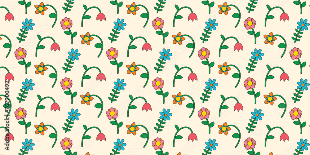 Seamless pattern with multicolored flowers collection in retro groovy style. Simple flat style flowers. Trendy hand drawn flowers. Botanical floral elements.