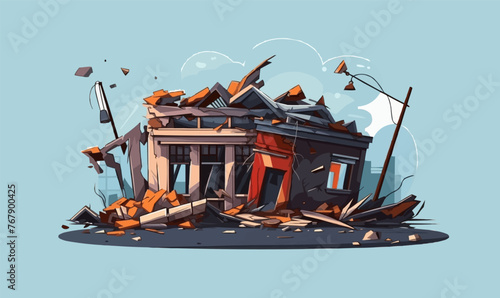 A destroyed building with a sign that says "No Parking" on it